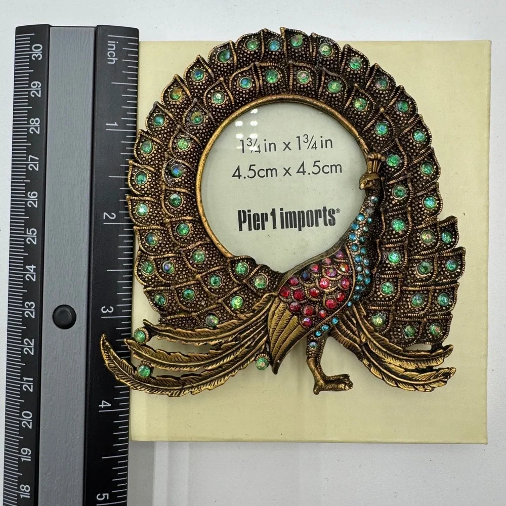 Pier‎ 1 Imports Peacock Desk Picture Frame Rhinestone Jeweled Ornate Brass Tone